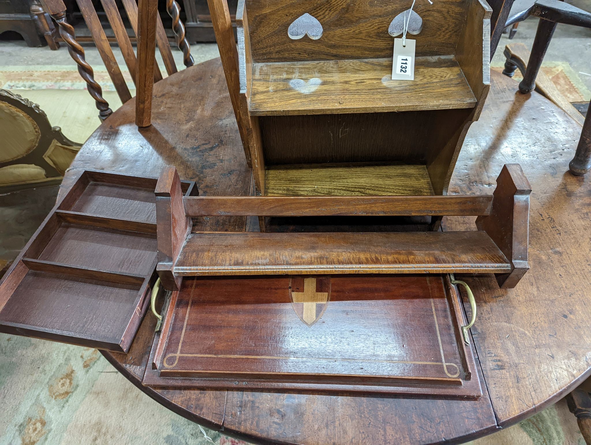 Four assorted stools, two trays, a bookstand and a wall shelf